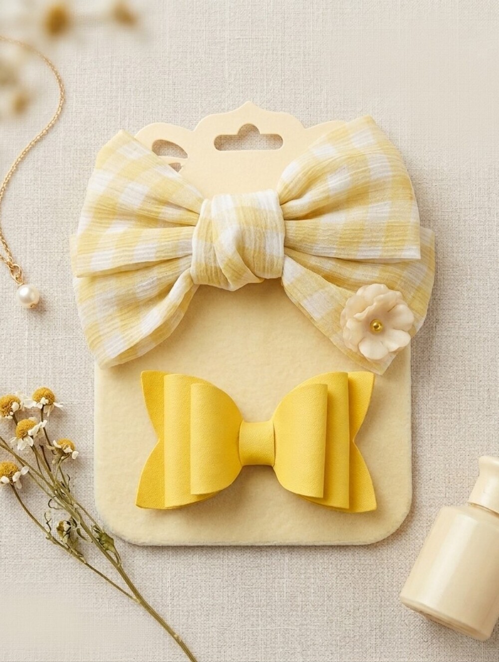 ⭐Handmade Yellow Girls' Bow Hair Clip Set with Plaid and Solid Styles